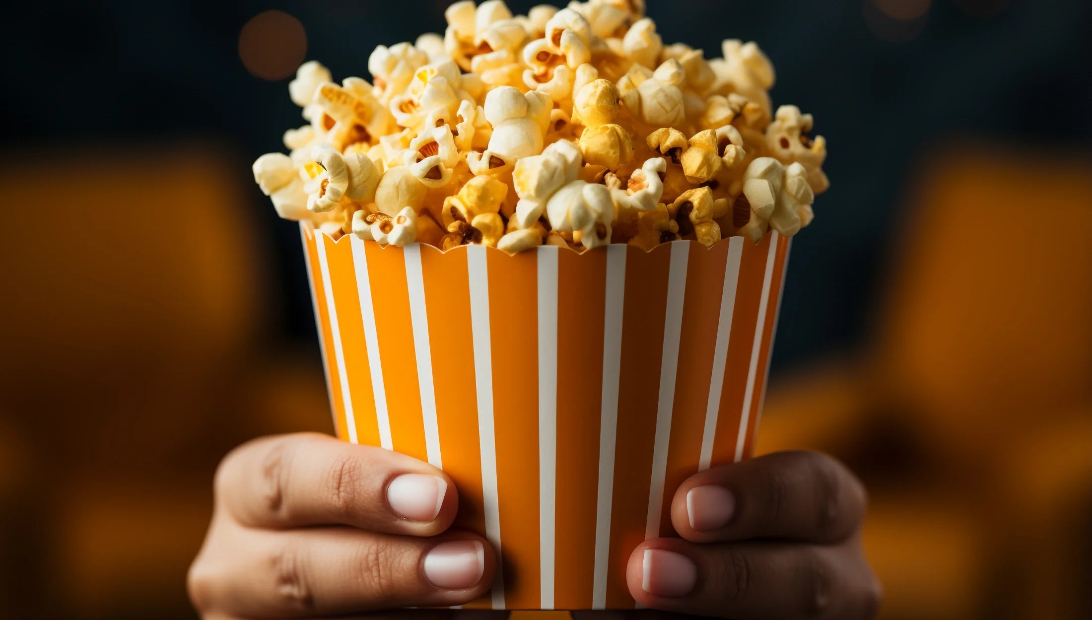 This image features a close-up of a person's hands holding a classic striped popcorn box filled with Keith's Kettle Corn. The popcorn is freshly popped and visibly fluffy, with a golden hue indicative of its sweet and salty coating. The background is blurred with a warm, dark tone that focuses attention on the vibrant stripes of the popcorn box and the delicious snack inside. This image is perfect for promoting Keith's Kettle Corn Catering services at events, showcasing the appeal of their gourmet popcorn.