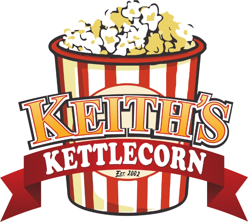 This image displays the logo for Keith's Kettle Corn. It features a stylized red and white striped popcorn bucket overflowing with fluffy, golden popcorn. The name "KEITH'S KETTLECORN" is prominently displayed in bold, playful letters above the bucket, with a classic red ribbon banner underneath stating "Est. 2002." The design is vibrant and eye-catching, encapsulating the fun and traditional appeal of this popular snack brand.