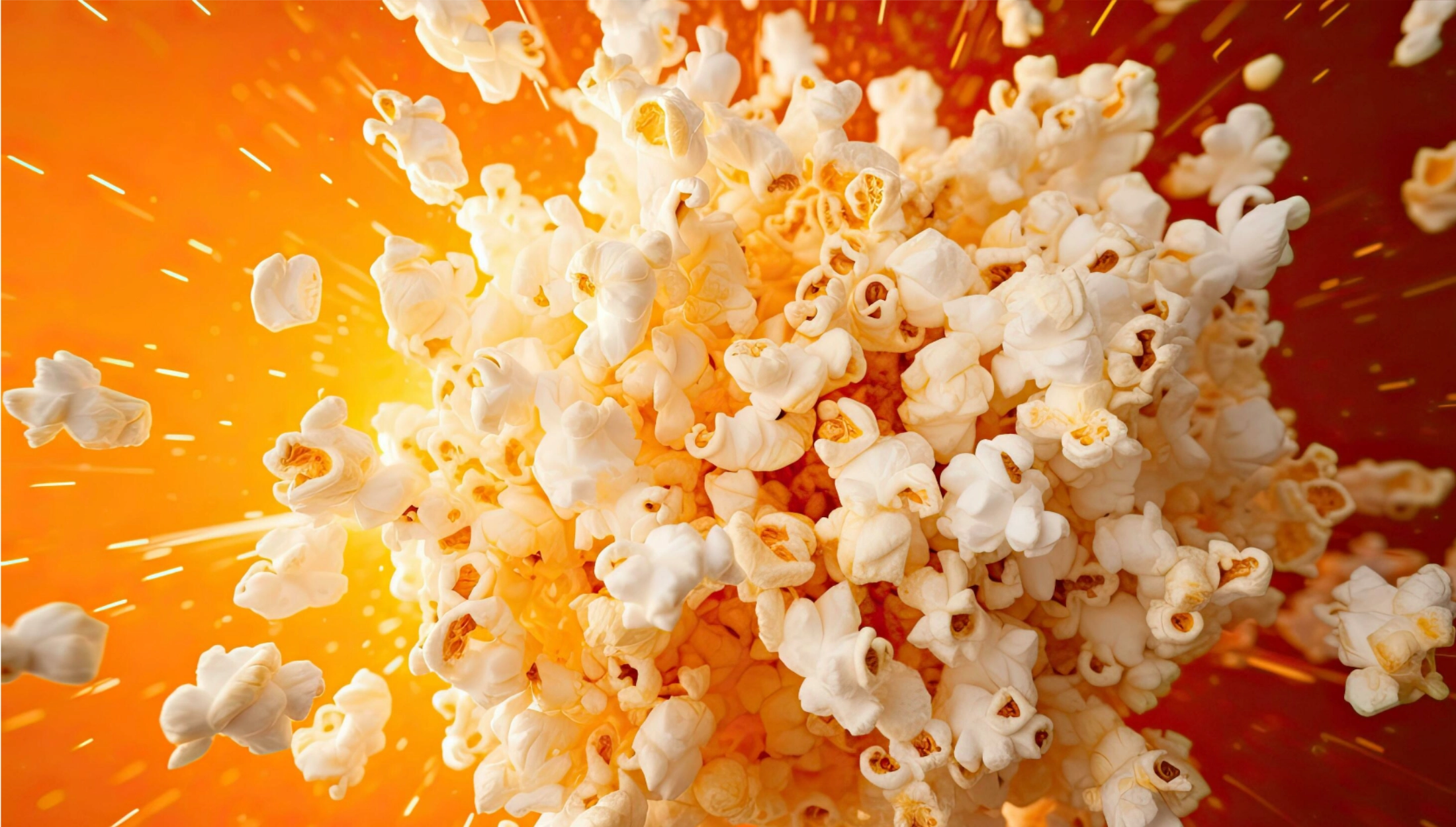 This image captures a dynamic explosion of freshly popped kettle corn, illustrating the irresistible flavors offered by Keith's Kettle Corn Catering. The popcorn is depicted mid-air with a vivid orange backdrop that enhances the visual appeal, symbolizing the burst of sweet and savory tastes. The bright, energetic presentation emphasizes the delight and high quality of the popcorn, making it an enticing choice for any event catered by Keith’s Kettle Corn.